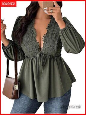 Plus Size Lace Blouse Deep V Neck Lantern Long Sleeve Peplum Ruffle Hem Flowy